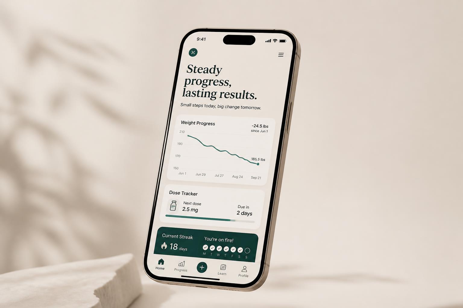 GLP-1 Companion app dashboard showing weight chart, dose tracker, hydration and streak